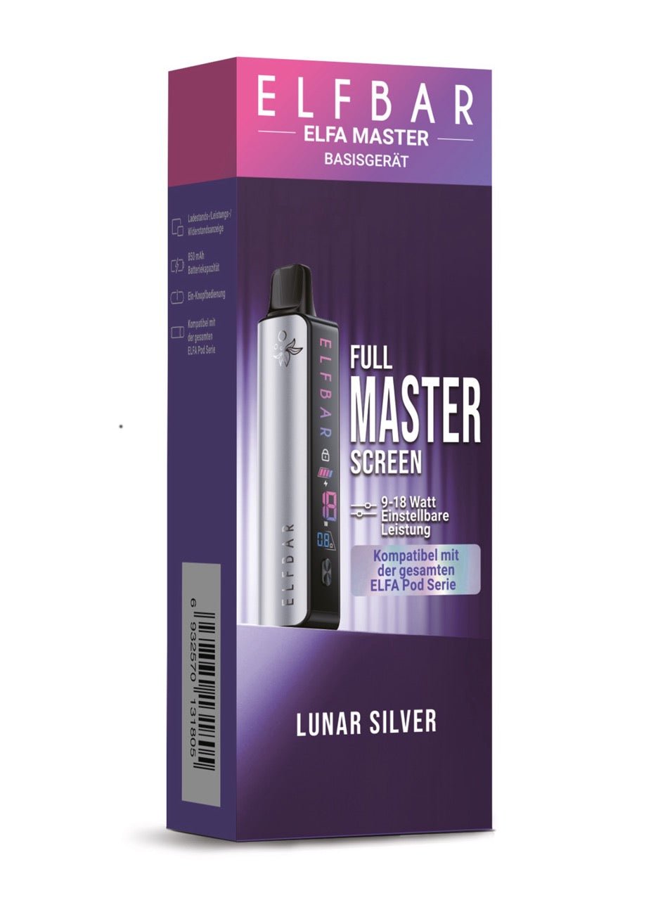 Elfbar Elfa Master Lunar Silver - Produktverpackung mit Full Master Screen Hinweis