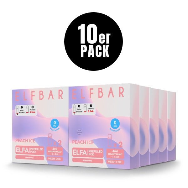 Elfbar ELFA Peach Ice 0mg 10x Sparpaket, zehn 2er Packungen, nikotinfreie Pfirsich Pods für Elfa System, Smokeyz24.de