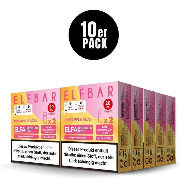 Elfbar ELFA Pineapple Acai – Karton mit 10 Packungen, zwei Pods vorne platziert.