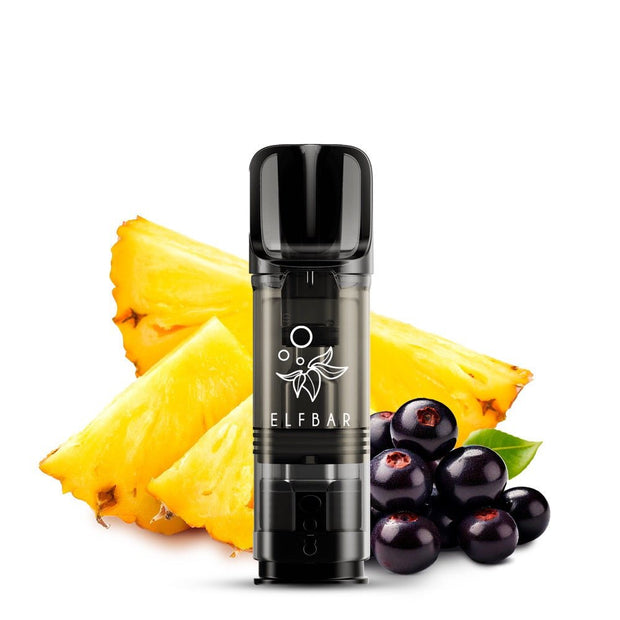 Elfbar ELFA Pod Pineapple Acai vor Ananasstücken und Açaí-Beeren – Geschmacksdarstellung.