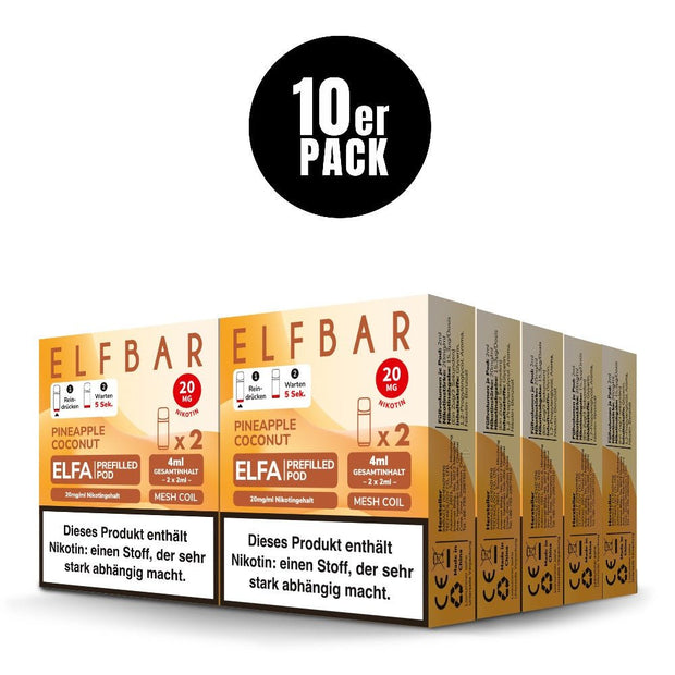 Vorratskarton Elfbar ELFA Pods Pineapple Coconut 20mg – 10 Packungen à 2 Pods (insgesamt 20 Pods).