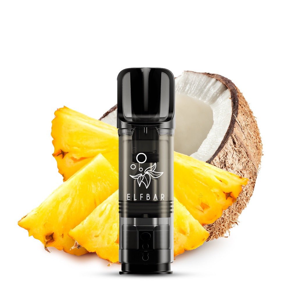 ELFA Pod Pineapple Coconut vor Ananasstücken und Kokosnuss – tropischer Ananas-Kokos-Geschmack.