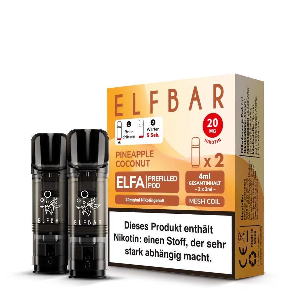 Elfbar ELFA Pods Pineapple Coconut 20mg – 2er Pack mit zwei vorbefüllten Pods (2×2 ml), 20 mg Nikotin, Mesh-Coil.