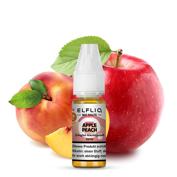 Elfliq Apple Peach 10mg Liquid Flasche mit Apfel und Pfirsich im Hintergrund
