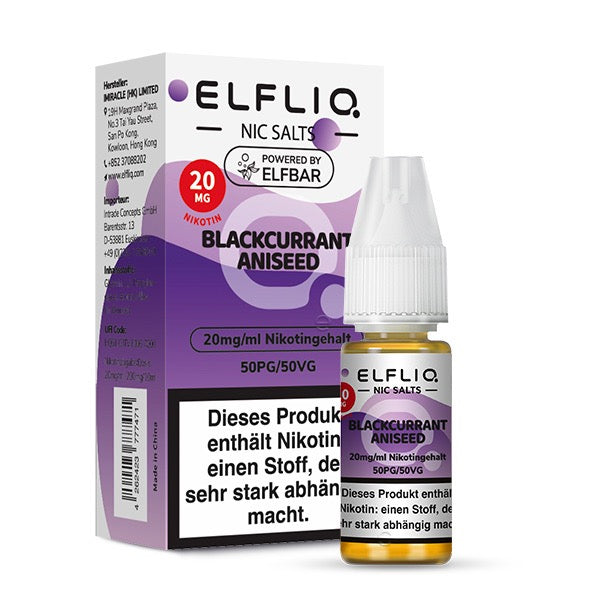 Elfliq Blackcurrant Aniseed 20mg – Nikotinsalz Liquid Flasche mit Verpackung