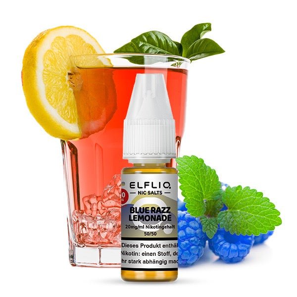 Elfliq Blue Razz Lemonade 20mg – Liquid Flasche mit blauen Himbeeren & Zitrone im Hintergrund