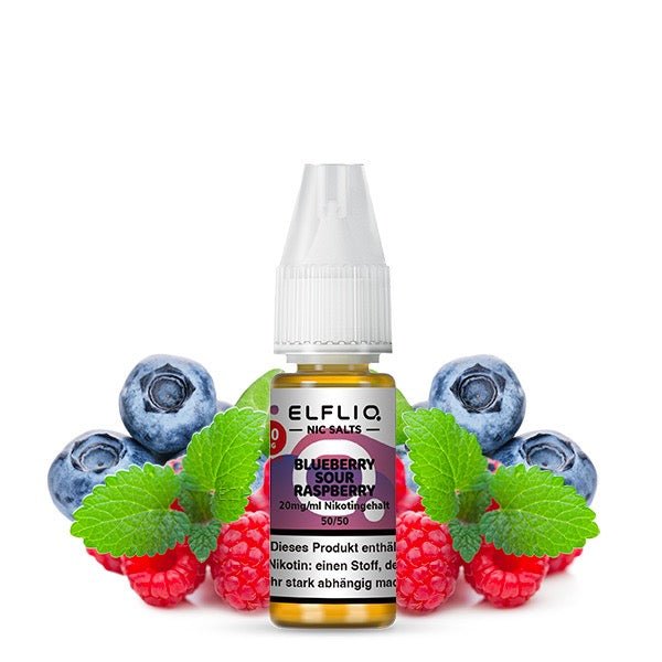 Elfliq Blueberry Sour Raspberry 20mg – Liquid Flasche mit Blaubeeren & Himbeeren im Hintergrund