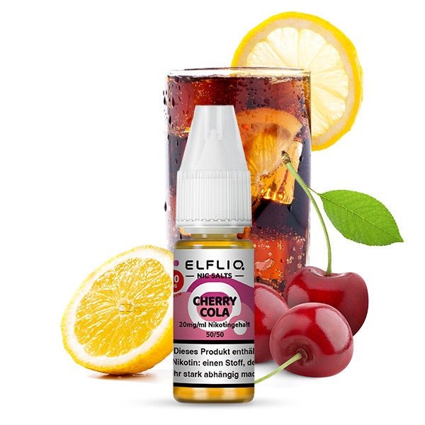 Elfliq Cherry Cola 20mg – Liquid Flasche mit Cola-Glas und Kirschen im Hintergrund