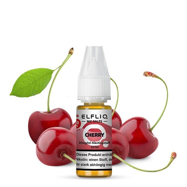 Elfliq Cherry 20mg – Liquid Flasche mit frischen Kirschen im Hintergrund