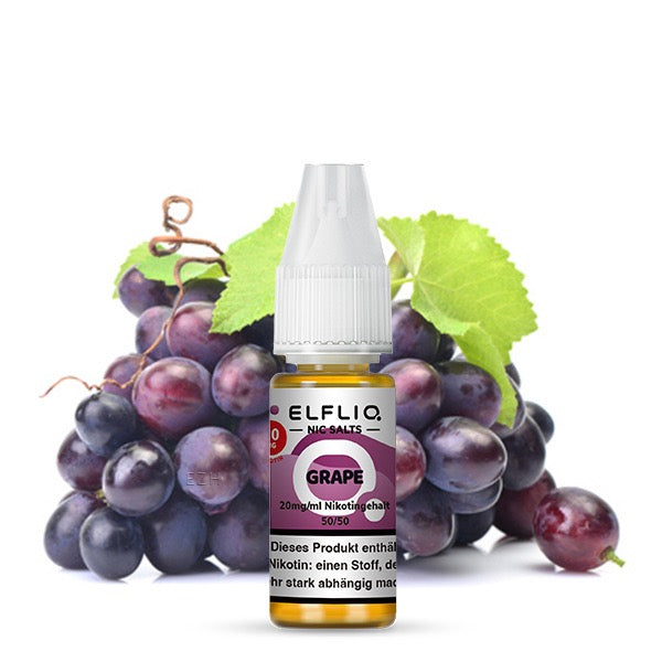 Elfliq Grape 20mg – Liquid Flasche mit reifen Trauben im Hintergrund