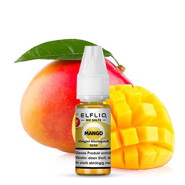 Elfliq Mango 20mg – Liquid Flasche mit Mango im Hintergrund