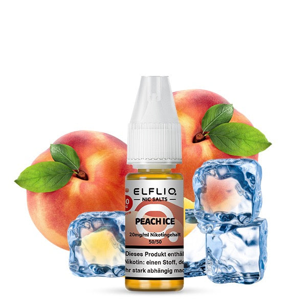 Elfliq Peach Ice 20mg – Liquid Flasche mit Pfirsich und Eiswürfeln im Hintergrund