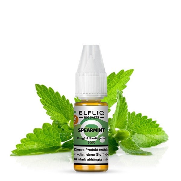 Elfliq Spearmint 10mg Liquid Flasche mit Minzblättern