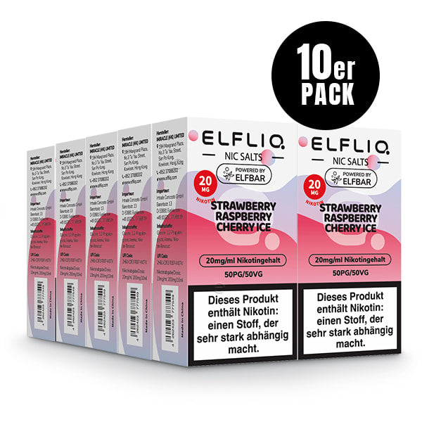 Elfliq Strawberry Raspberry Cherry Ice 20mg - 10x Sparpaket Nikotinsalz Liquid by Elfbar mit 10 Packungen
