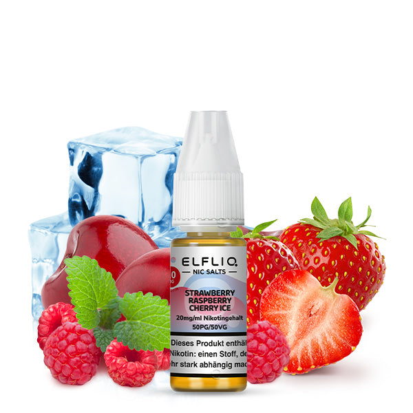 Elfliq Strawberry Raspberry Cherry Ice 20mg Flasche mit Erdbeeren, Himbeeren, Kirschen und Eiswürfeln