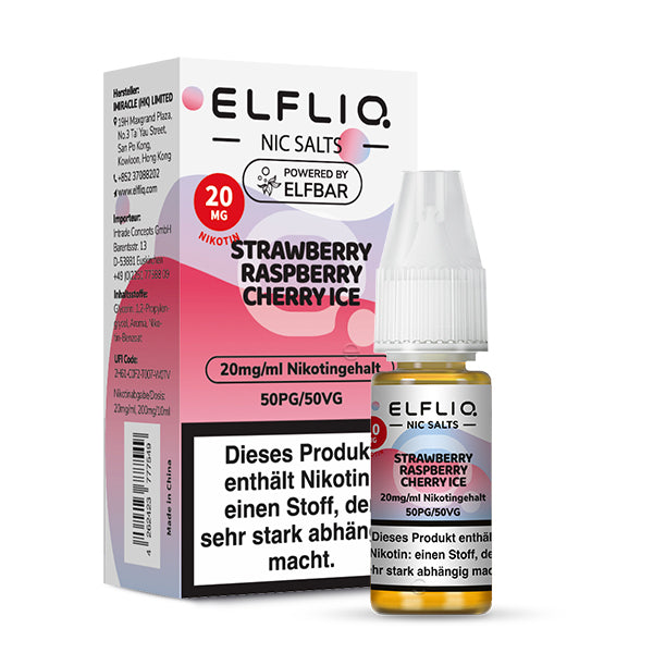 Elfliq Strawberry Raspberry Cherry Ice 20mg Verpackung und Flasche