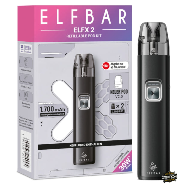 Elfbar ELFX 2 Black Refillable Pod Kit mit Verpackung und Gerät