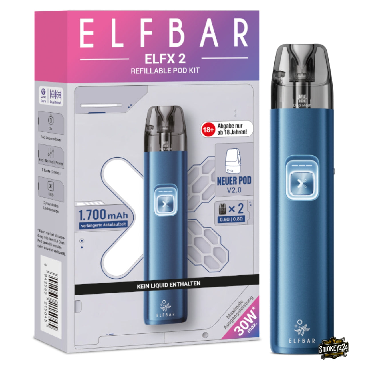 Elfbar ELFX 2 Ocean Blue Refillable Pod Kit mit Verpackung und Gerät