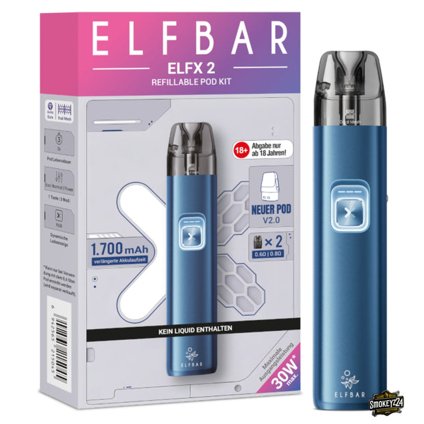 Elfbar ELFX 2 Ocean Blue Refillable Pod Kit mit Verpackung und Gerät