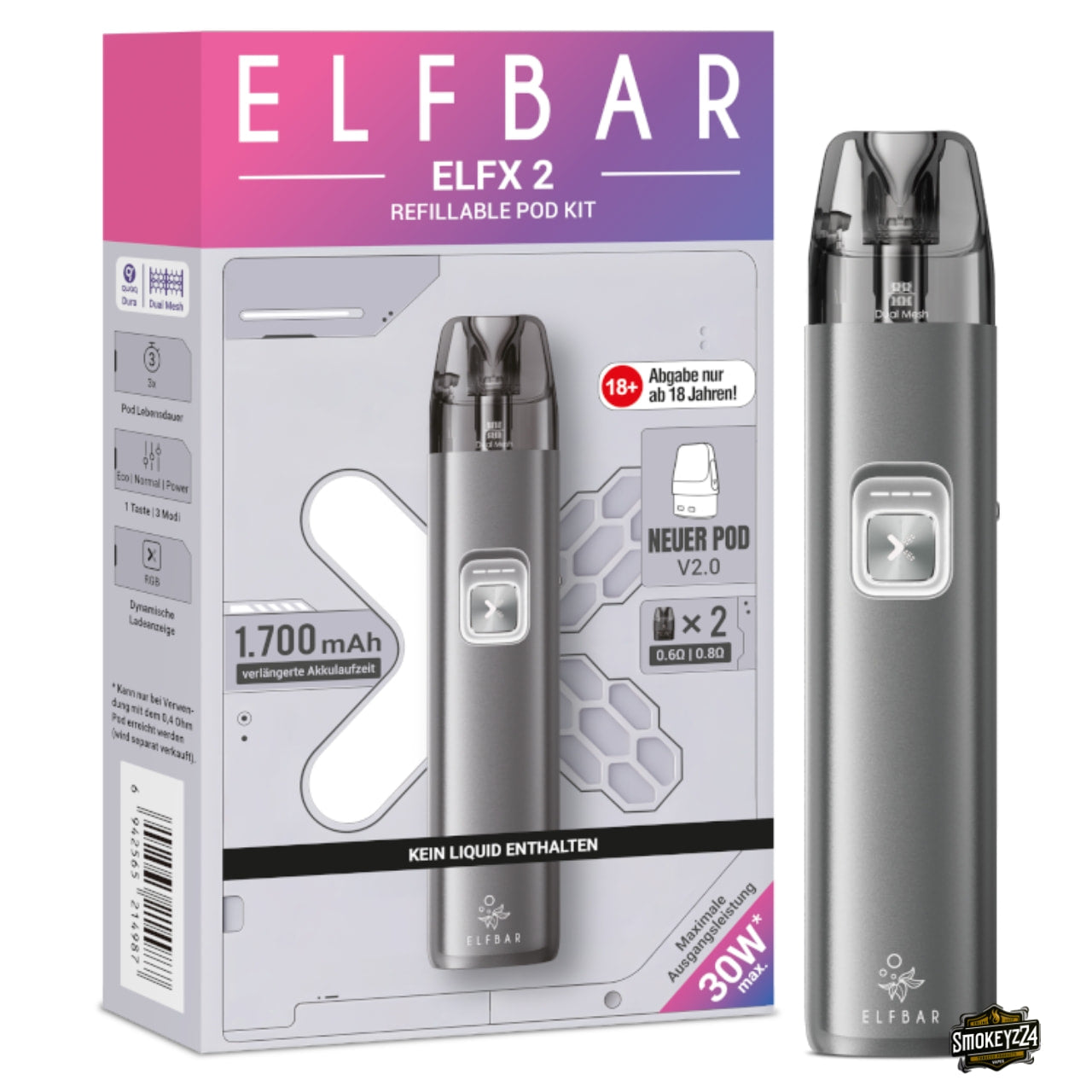 Elfbar ELFX 2 Space Grey Refillable Pod Kit mit Verpackung