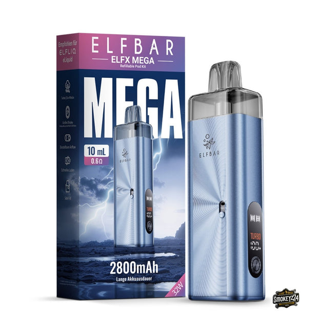 Elfbar ELFX MEGA Pod Kit Cyan/Blau: Gerät neben Verpackung, Refillable Pod System mit Display