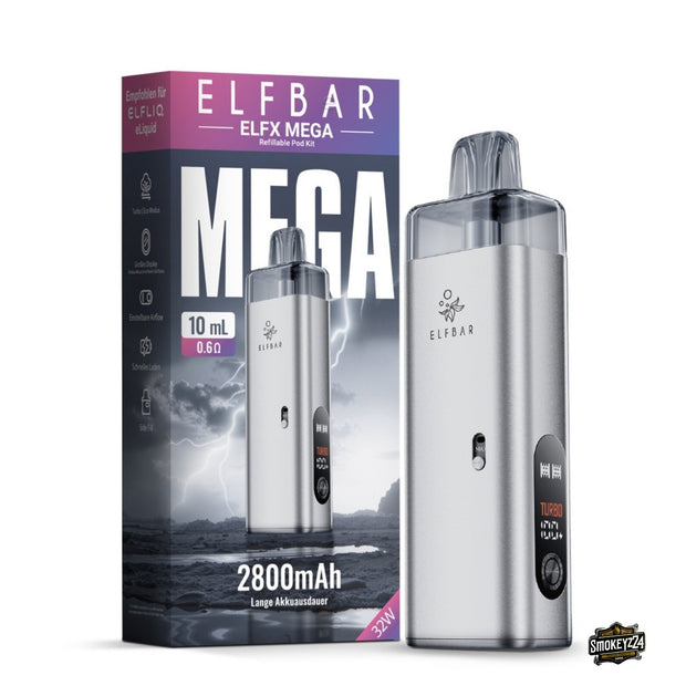 Elfbar ELFX MEGA Silver/Silber - Pod Kit mit Verpackung, 2800mAh Akku und großem 10ml Pod