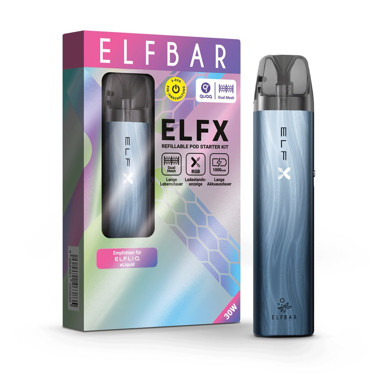 Elfbar ELFX Refillable Kit - Dark-Sea Gerät neben Verpackung