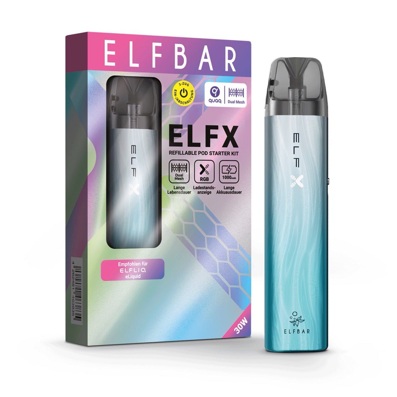Elfbar ELFX Refillable Kit - Silver Blue Gerät mit Verpackung