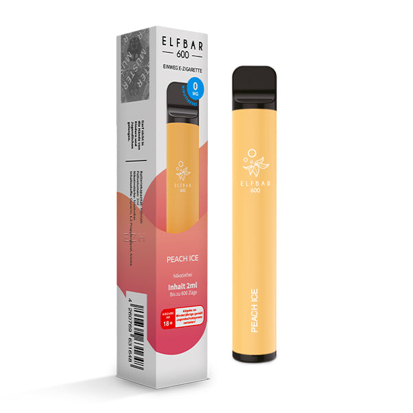 Elfbar 600 V1 Peach Ice 0mg neben Verpackung – nikotinfreie Einweg E-Zigarette mit Pfirsichgeschmack