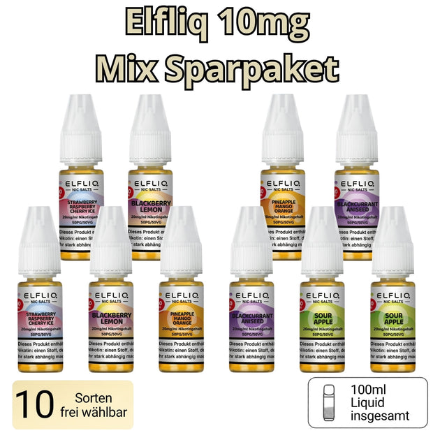 Elfliq Mix Sparpaket 10mg mit 10 Flaschen Nikotinsalz Liquid by Elfbar in verschiedenen Sorten zum frei Zusammenstellen