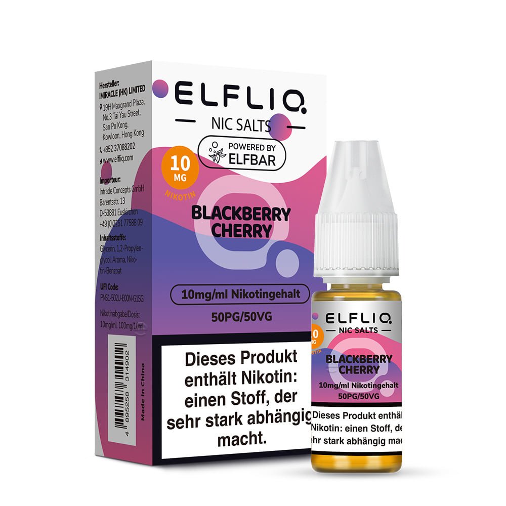 Elfliq Blackberry Cherry 10mg Nikotinsalz Liquid by Elfbar - Flasche vor Verpackung