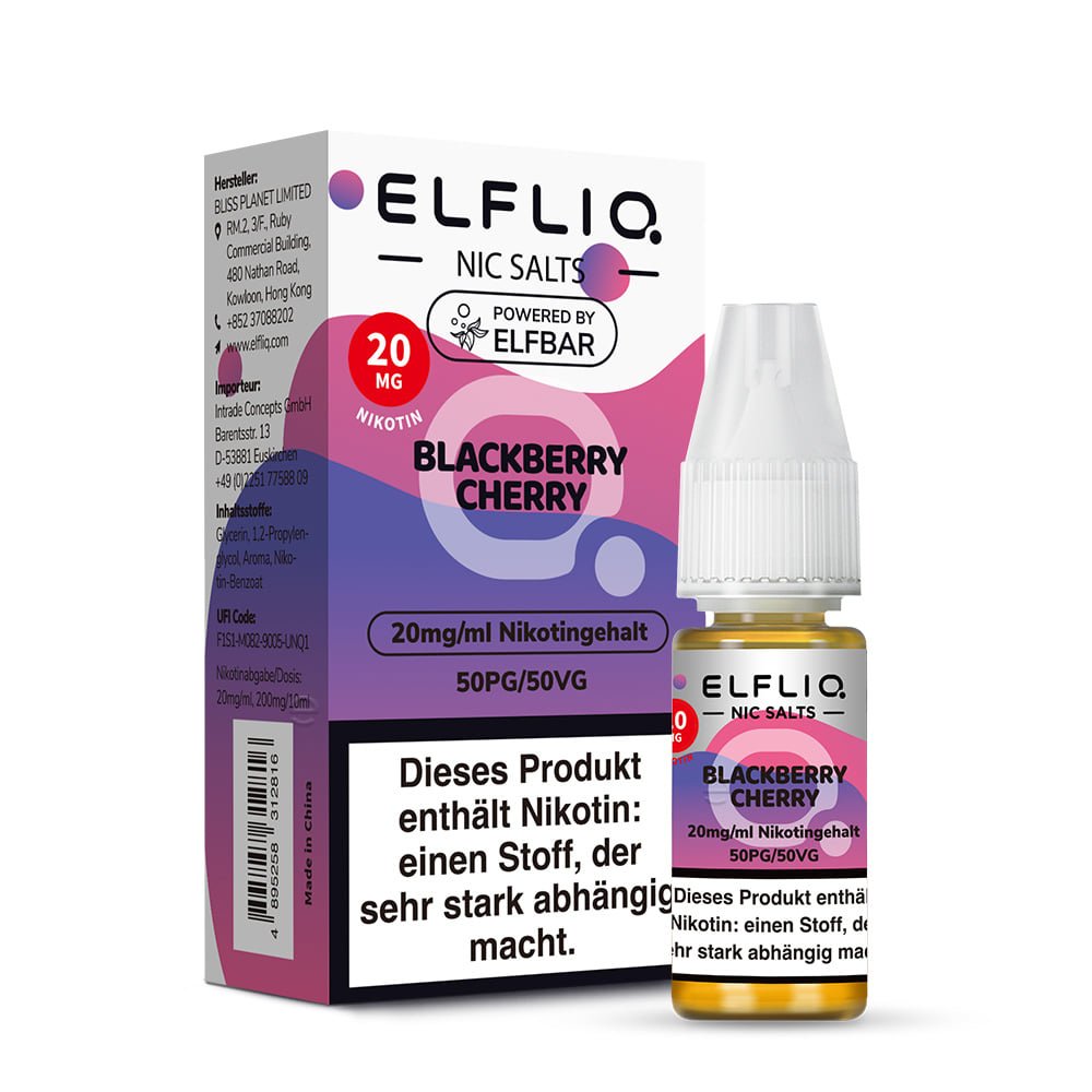 Elfliq Blackberry Cherry 20mg Nikotinsalz Liquid by Elfbar - Flasche vor Verpackung, 10 ml