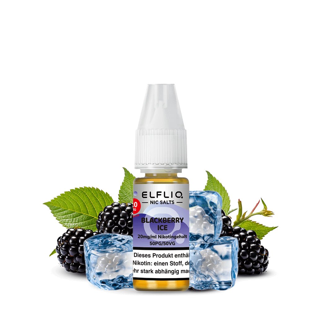 Elfliq Blackberry Ice 20mg Liquidflasche vor Brombeeren mit Eiswürfeln - Blackberry Ice Geschmack