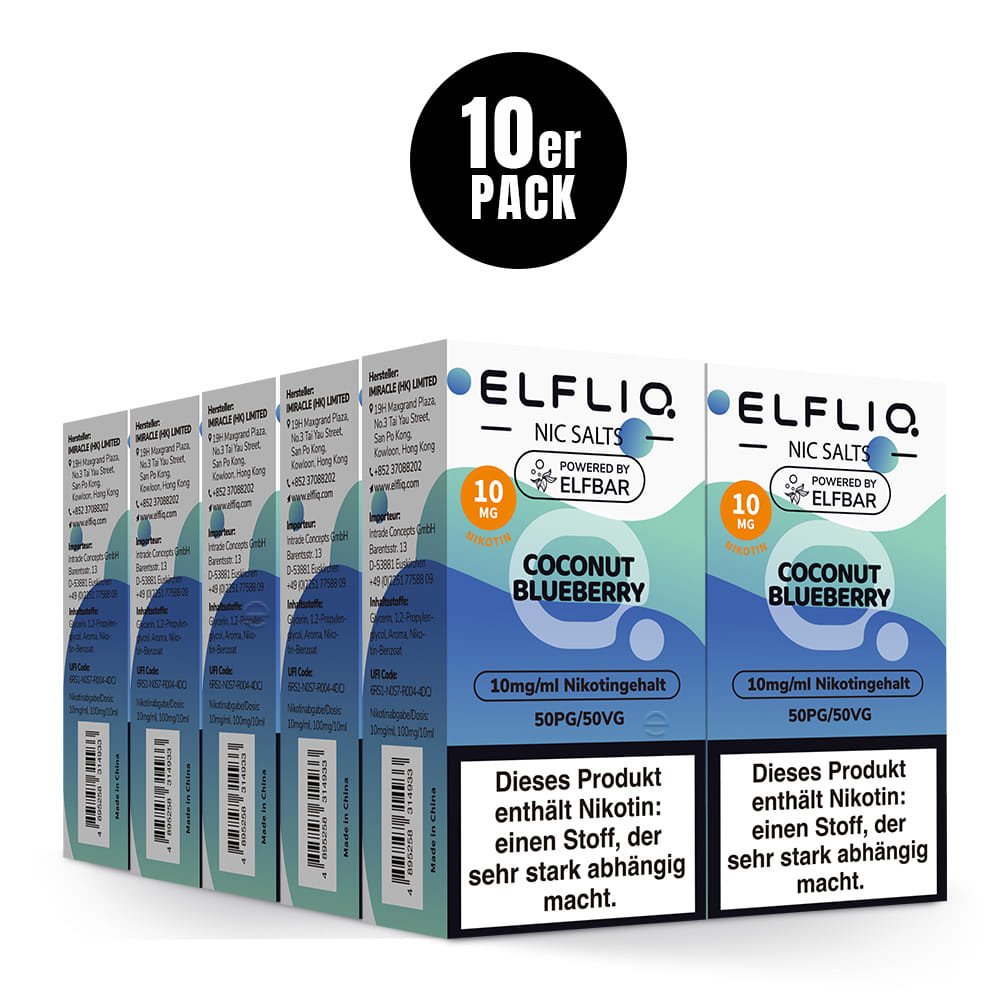 Elfliq Coconut Blueberry 10mg 10er Sparpaket Nikotinsalz Liquid by Elfbar - 10 Packungen mit Preisvorteil