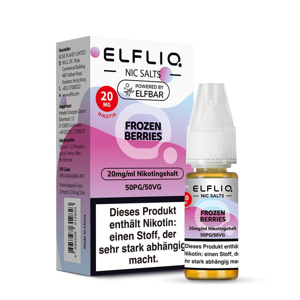 Elfliq Frozen Berries 20mg Flasche vor Verpackung - Nikotinsalz Liquid 10ml (Elfbar)