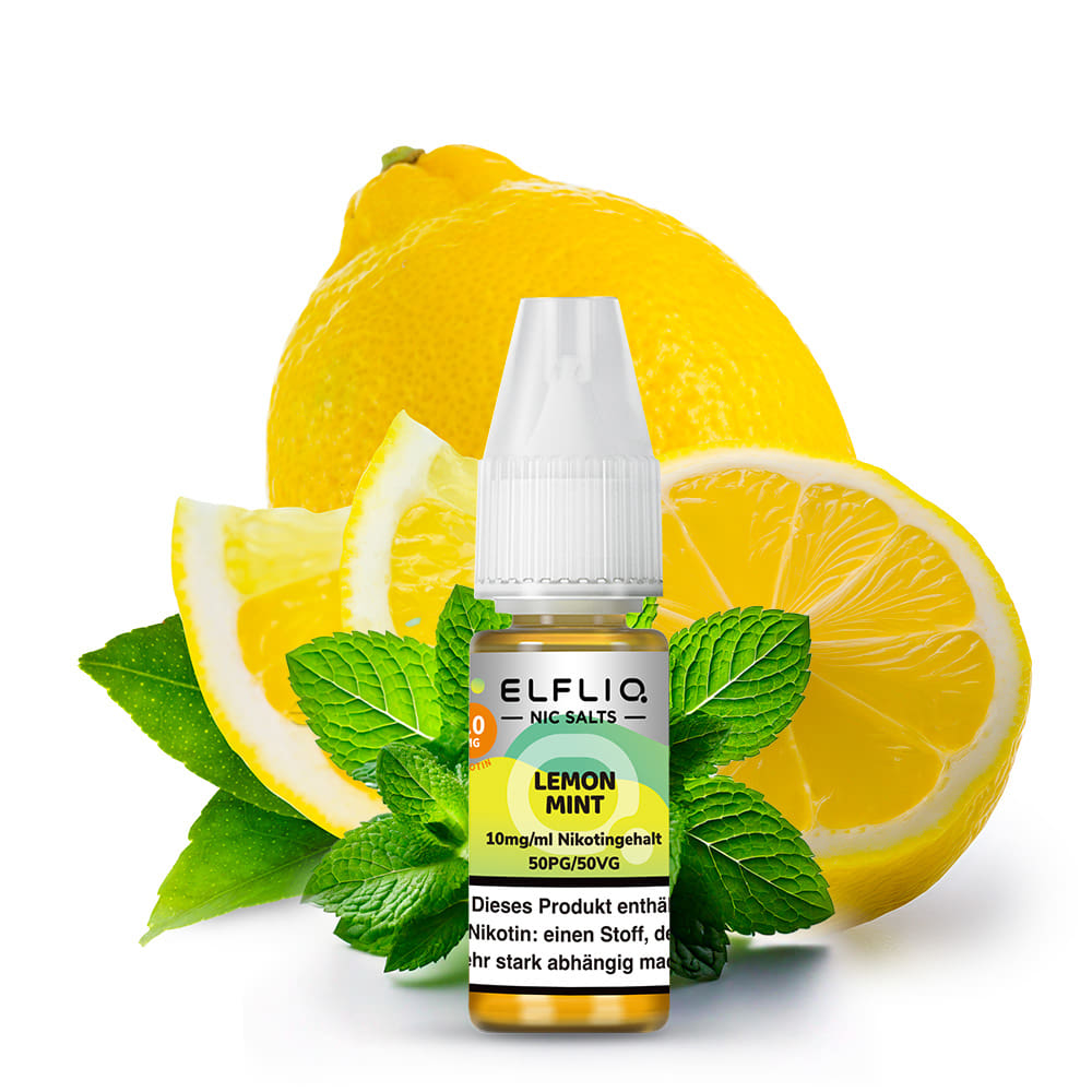 Elfliq Lemon Mint 10mg - Liquidflasche vor Zitrone und Minze, frischer Nic-Salt Geschmack