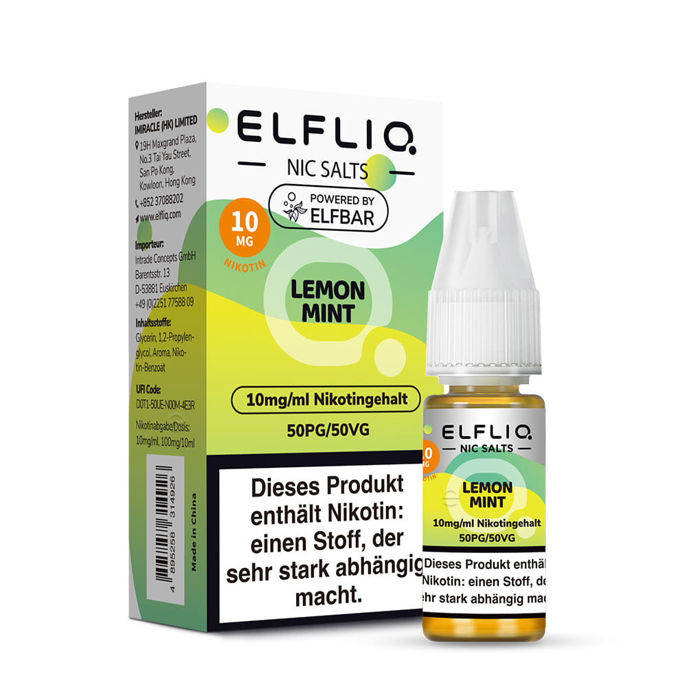 Elfliq Lemon Mint 10mg Nikotinsalz Liquid - Flasche vor Verpackung (10 ml, 50/50)
