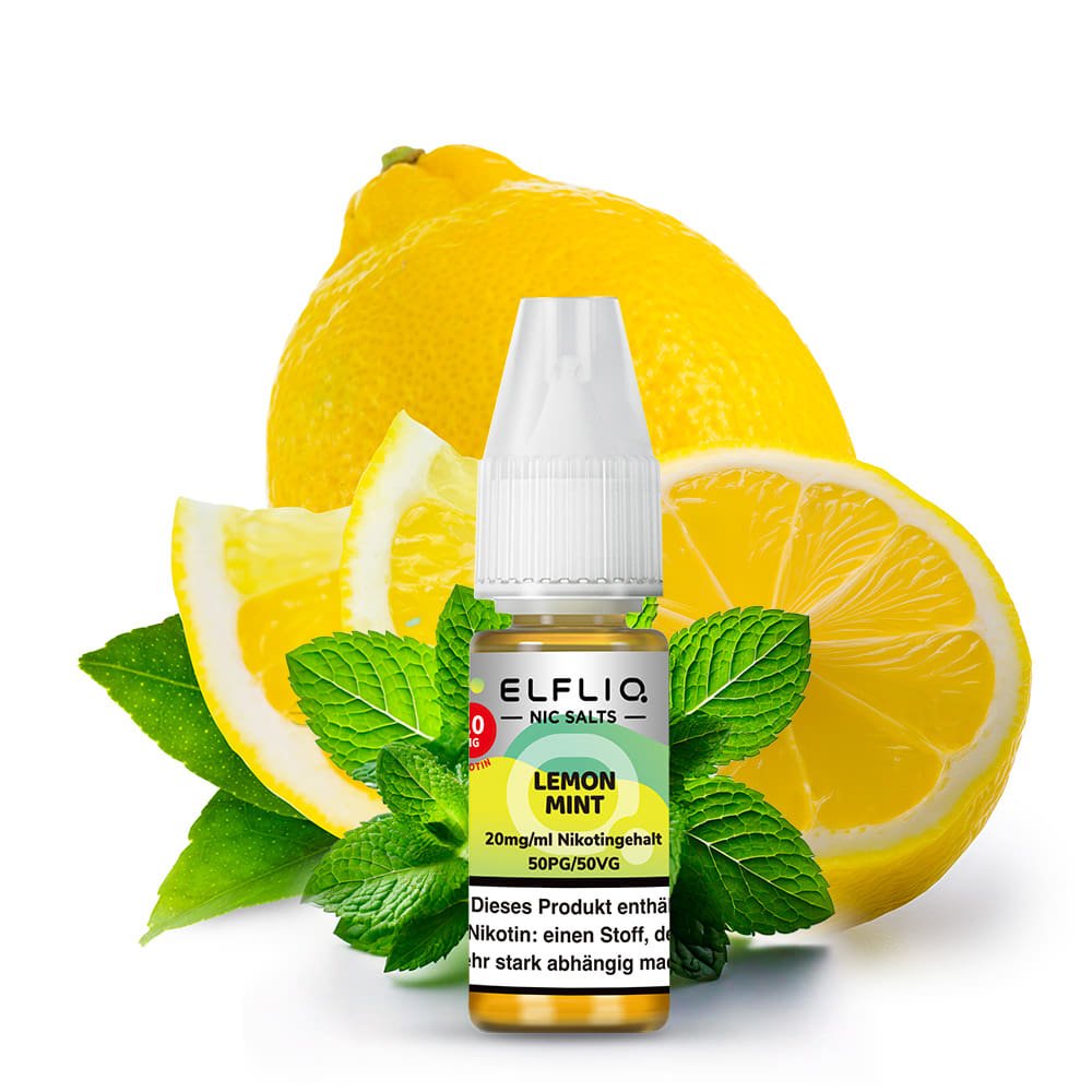 Elfliq Lemon Mint 20mg Nikotinsalz - Flasche vor Zitrone und Minze, frischer Citrus-Mint Geschmack