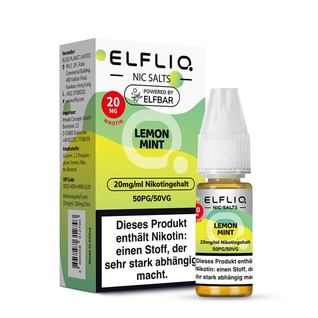 Elfliq Lemon Mint 20mg - Flasche vor Verpackung, Nikotinsalz Liquid 10ml, 50/50 VG/PG