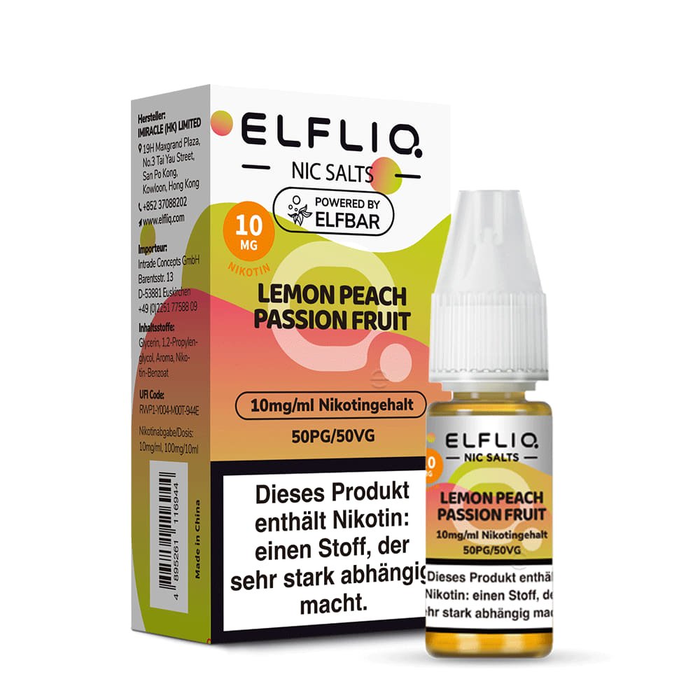 Elfliq Lemon Peach Passion Fruit 10mg Nikotinsalz Liquid by Elfbar - Flasche vor Verpackung, 10 ml