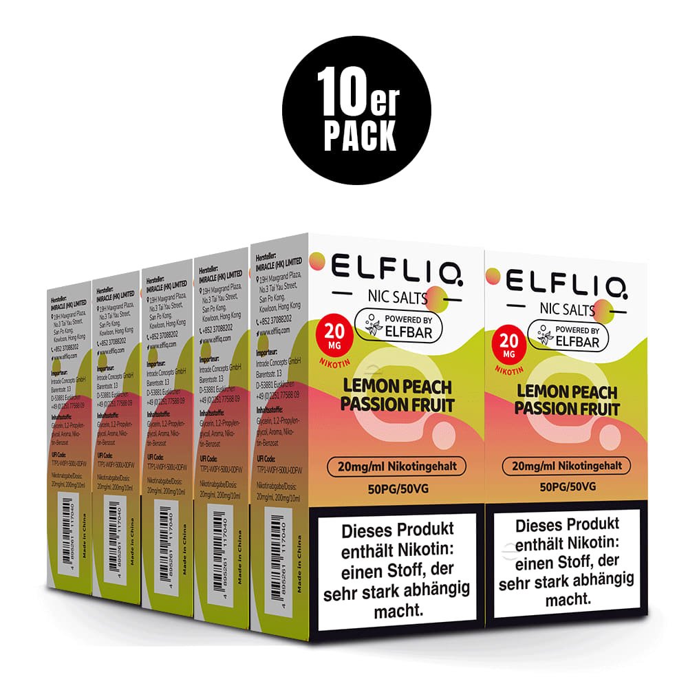 Elfliq Lemon Peach Passion Fruit 20mg - 10x Sparpaket Nikotinsalz Liquid by Elfbar mit 10 Packungen (10er Pack)