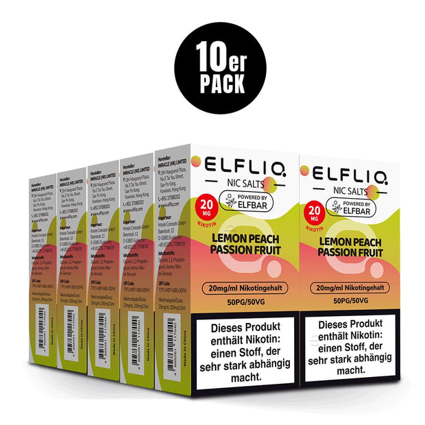 Elfliq Lemon Peach Passion Fruit 20mg - 10x Sparpaket Nikotinsalz Liquid by Elfbar mit 10 Packungen (10er Pack)