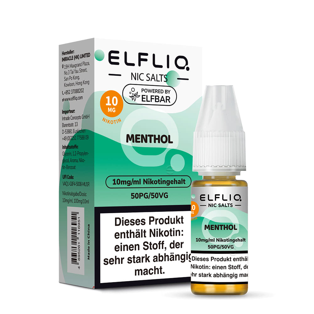 Elfliq Menthol 10mg Nikotinsalz Liquid by Elfbar - Flasche vor Verpackung, 10 ml