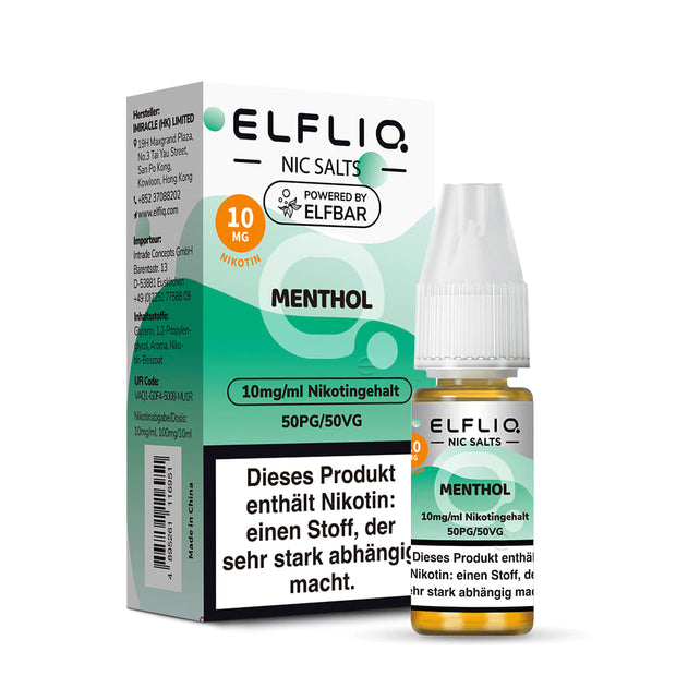 Elfliq Menthol 10mg Nikotinsalz Liquid by Elfbar - Flasche vor Verpackung, 10 ml