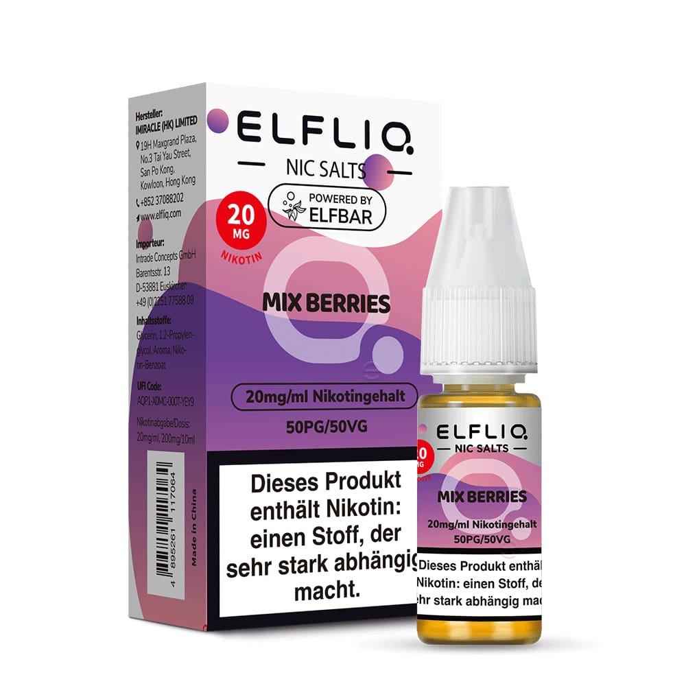 Elfliq Mix Berries 20mg Nikotinsalz Liquid by Elfbar - Flasche vor Verpackung, 10 ml