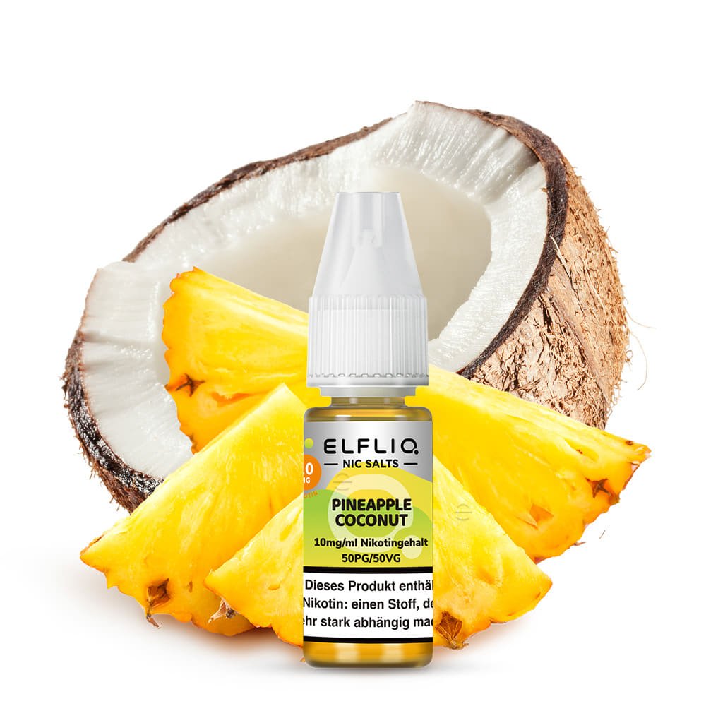 Elfliq Pineapple Coconut 10mg Liquidflasche vor Ananas und Kokosnuss - tropischer Geschmack mit kühler Note
