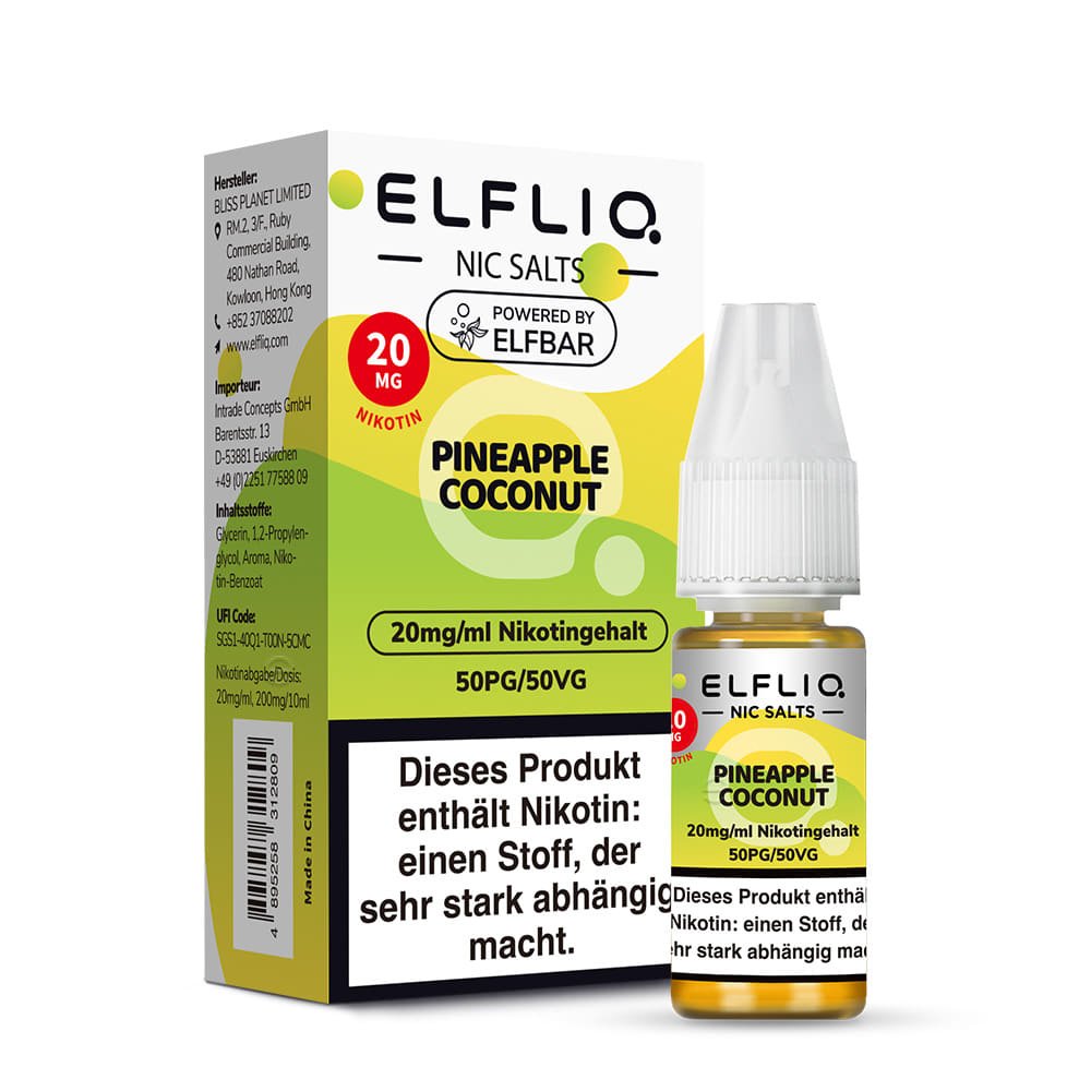 Elfliq Pineapple Coconut 20mg Nikotinsalz Liquid by Elfbar - Flasche vor Verpackung, 10 ml