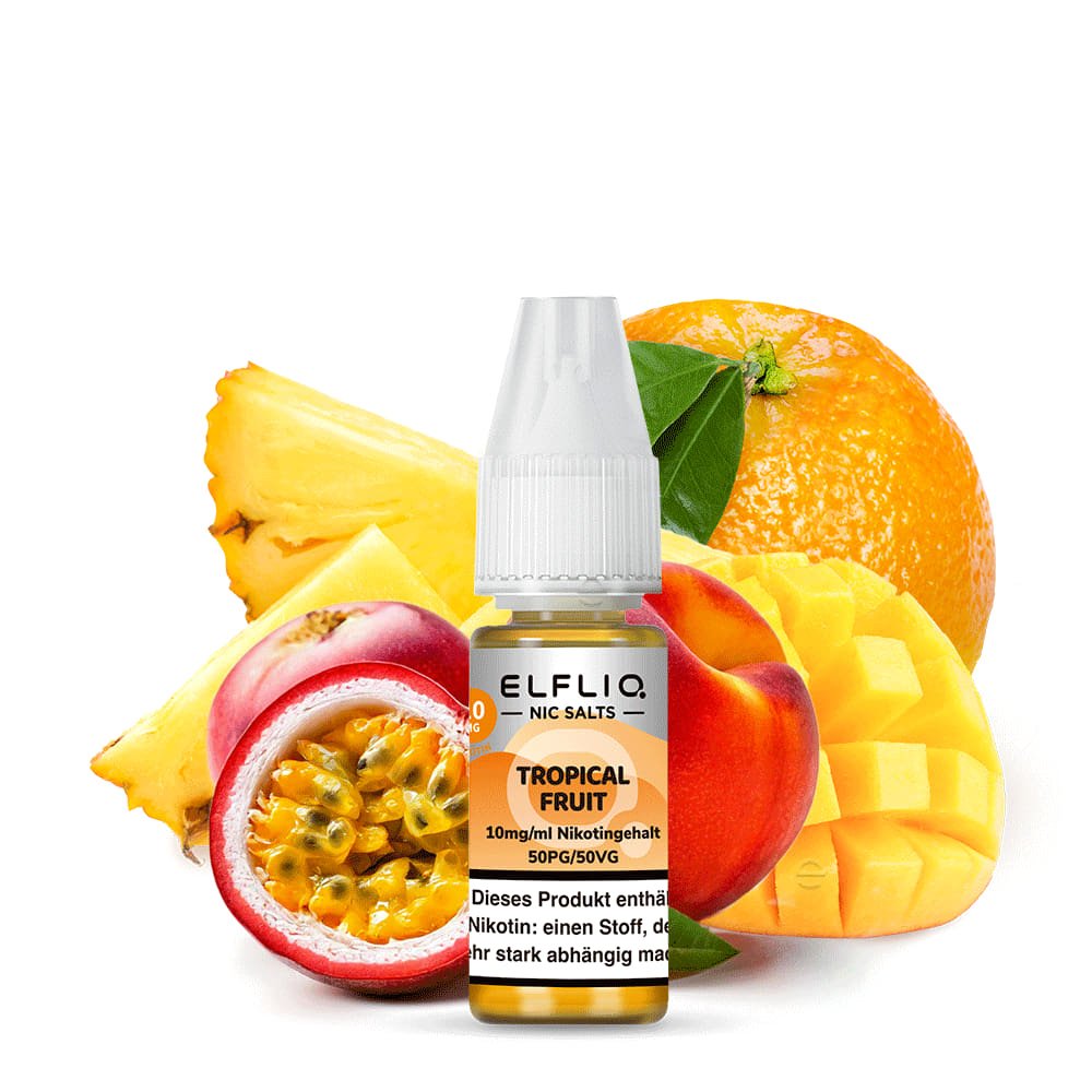 Elfliq Tropical Fruit 10mg Liquidflasche vor tropischem Früchtemix - fruchtiger Cocktail Geschmack