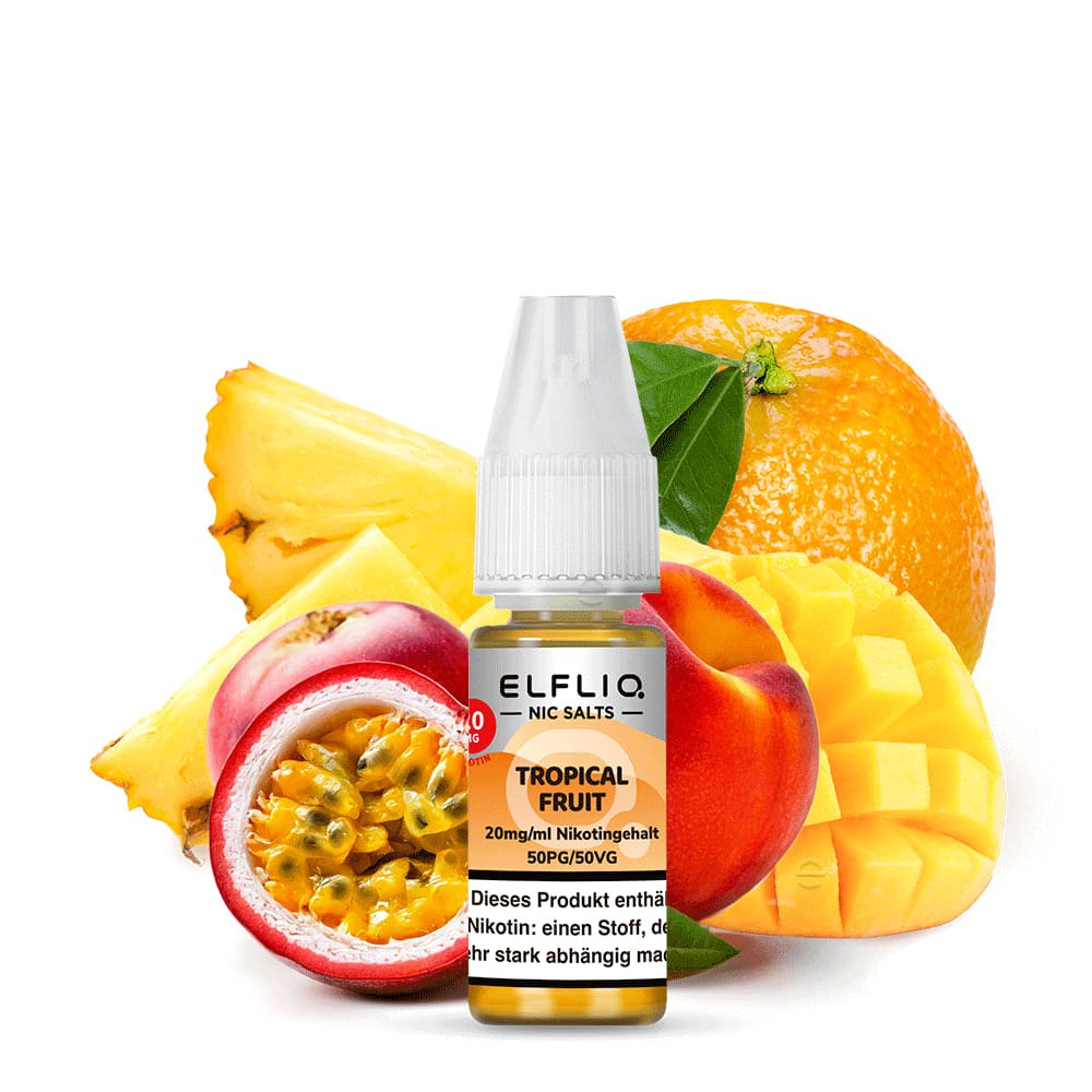 Elfliq Tropical Fruit 20mg Liquidflasche vor tropischem Früchtemix - exotischer Cocktail Geschmack