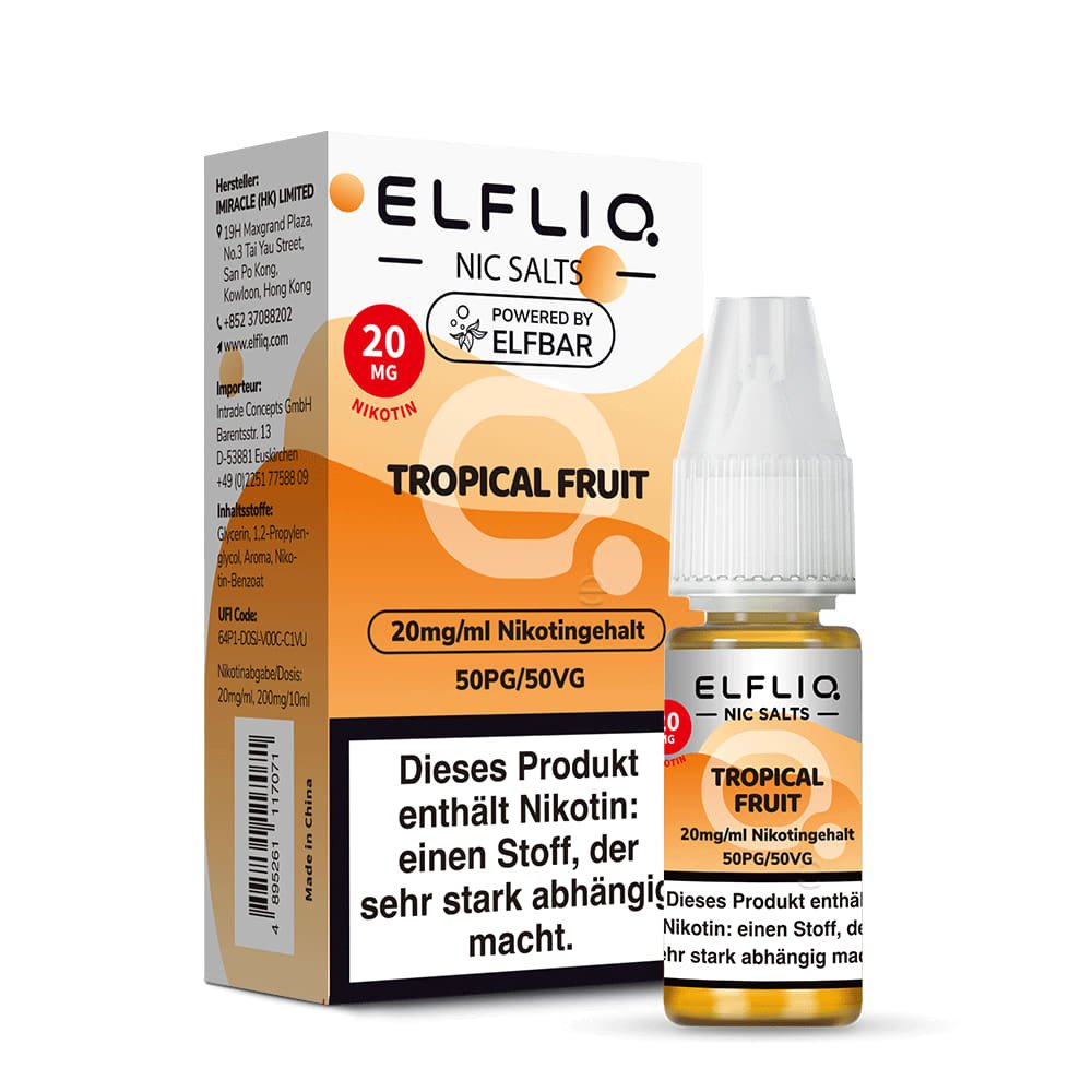 Elfliq Tropical Fruit 20mg Nikotinsalz Liquid by Elfbar - Flasche vor Verpackung, 10 ml